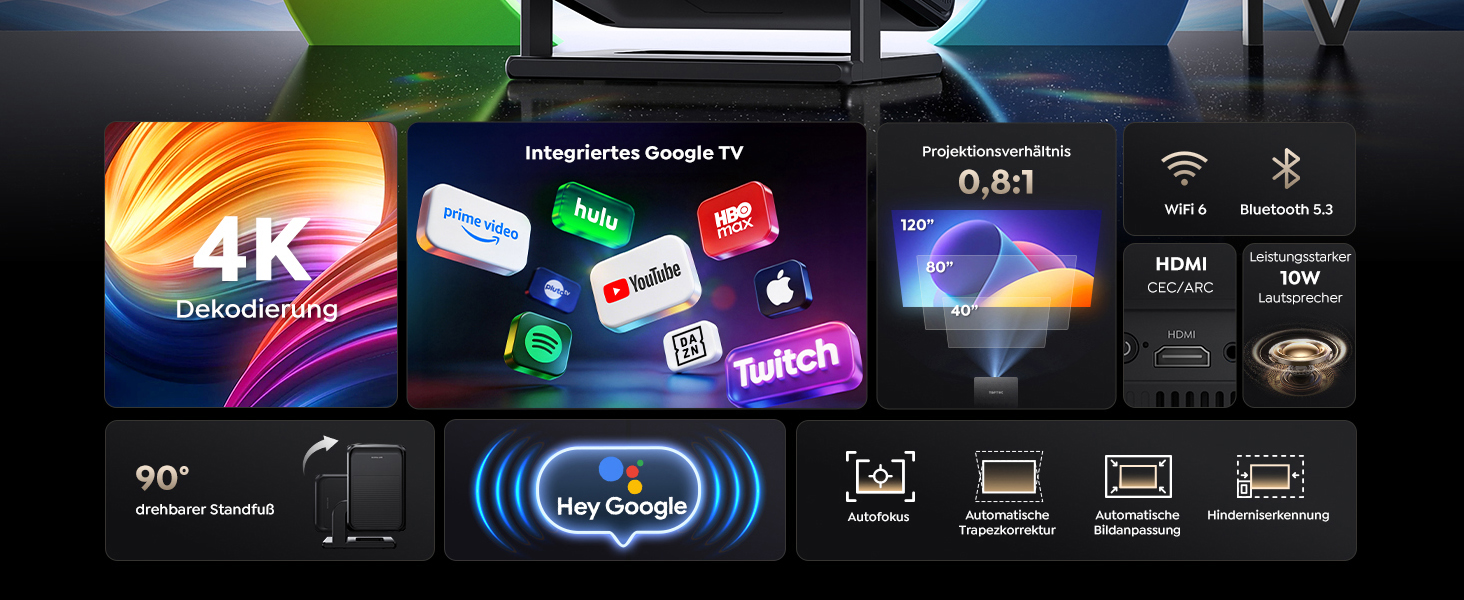 Проектор Google TV Beamer 4K Smart: Кінотеатр вдома 1080P FHD, Автофокус, Трапецеїдальна корекція, WiFi, Bluetooth, Портативний, Чорний