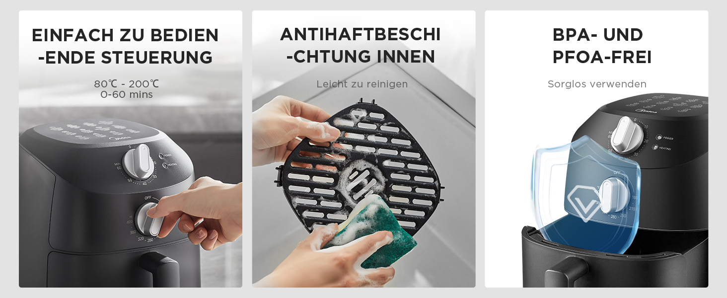 Фритюрниця без олії Midea 2L, 1150W, Airfryer, автоматичне вимкнення, легко чистити, BPA-free, чорний