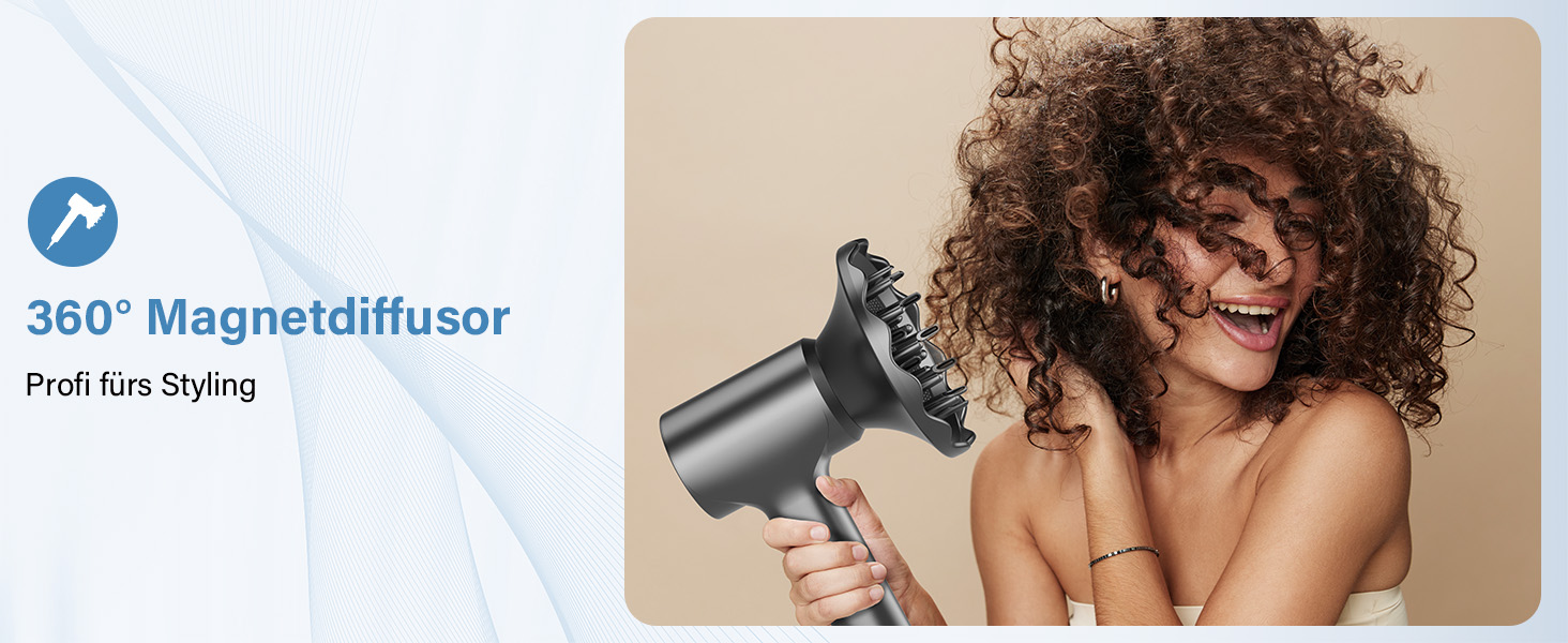 Професійний фен для волосся з дифузором, безщітковий мотор 110 000 об/хв, 400 млн плазмових іонів, низький рівень шуму 57дБ, сірий