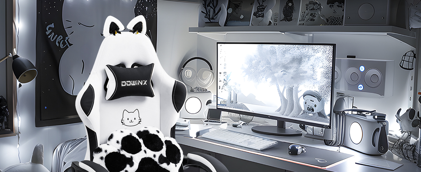 Ігровий крісло Dowinx з підніжкою, ергономічний геймерський крісло для ПК, комфортний крісло для дорослих, рожево-білий (чорно-білий)