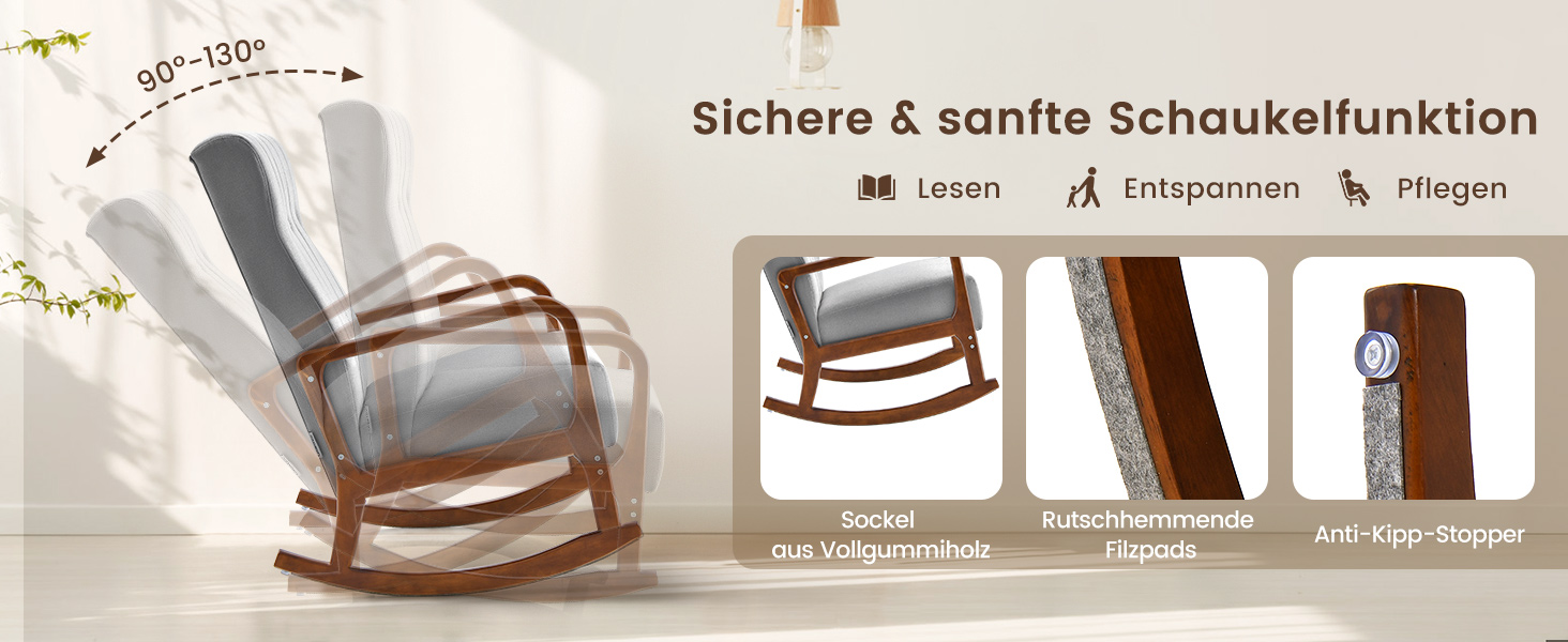 Крісло-гойдалка COSTWAY з пуфом, до 150 кг, бежеве - розслабляюче крісло для вітальні та спальні з дерев'яним каркасом