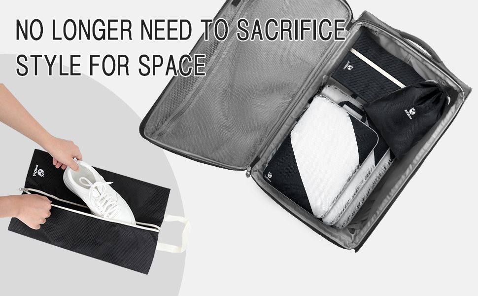 Набір компресійних органайзерів для одягу AiQInu, 5 шт, дорожні сумки-пакувальники з мішком для взуття та білизни, ультралегкі розширювані органайзери для валізи та ручної поклажі (Чорний)