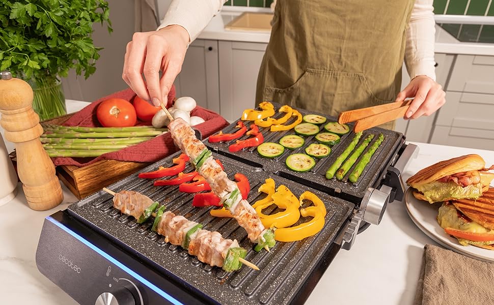 Електричний гриль Cecotec Rock'nGrill Blaze Neon – 2200 Вт, регулювання до 180°, знімні пластини, велика поверхня 29x23 см