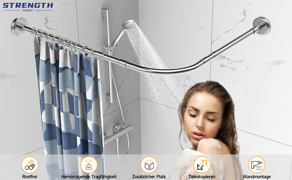 Регульований карниз для душу L-Shower з 18 кільцями, без свердління та стельового кронштейна, нержавіючий (70-100x70-100см)