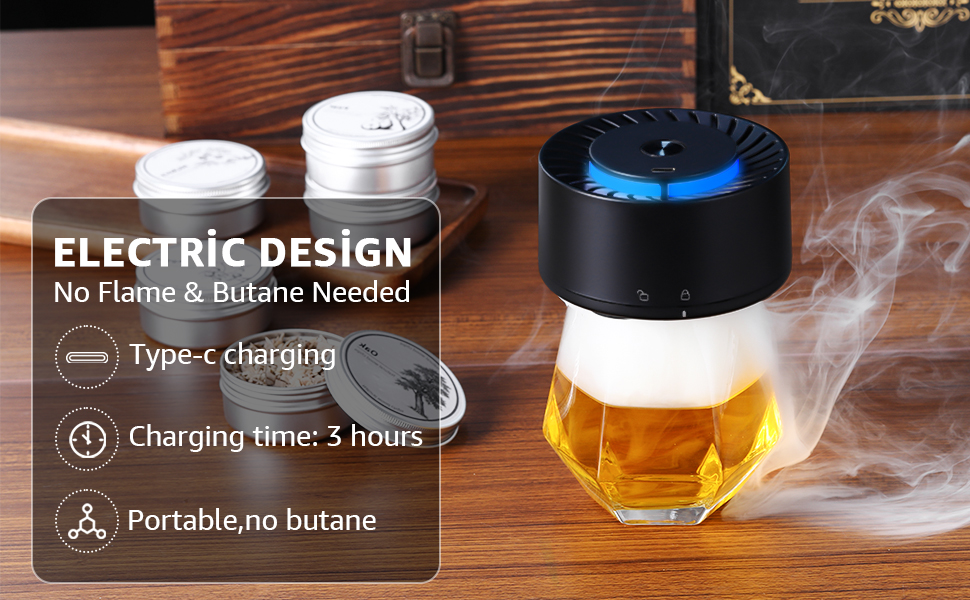 Електричний набір для копчення віскі з LED-підсвічуванням, 6 ароматів деревини, без бутану, перезаряджається, вінтажний, барний аксесуар, подарунок для чоловіків, батька, чоловіка