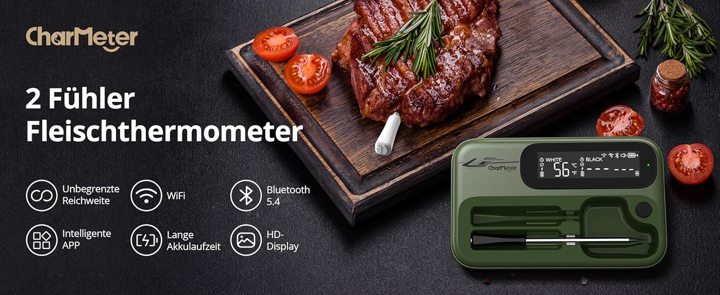 Бездротовий термометр для м'яса з 2 зондами, Bluetooth 5.4, Wi-Fi, LED-дисплей, для приготування BBQ та кулінарії