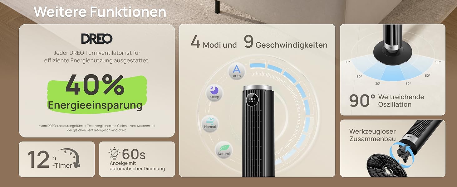 DREO Smart Tower Fan 102-114 см - Вежний вентилятор з пультом, 9 режимів, 4 режими, 90° осциляція, 12 год таймер, DC мотор, надтихий (20 дБ), для дому та офісу, чорний