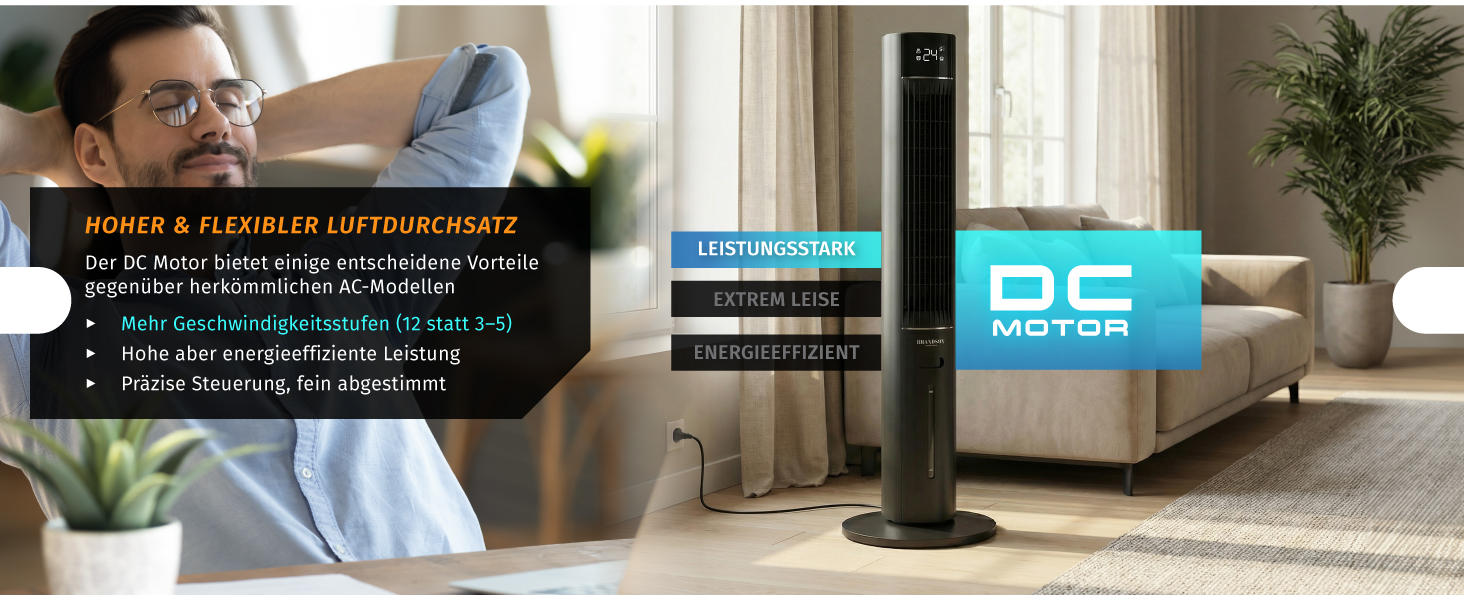 Вентилятор баштовий з функцією охолодження Brandson ECO Design: тихий DC мотор, дистанційне керування, енергоефективний, з коливанням