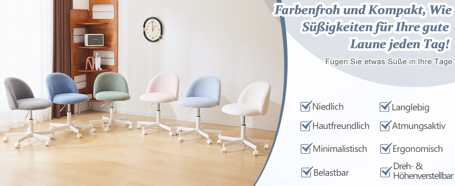 Офісне крісло Bonnlo з роликами, крісло для туалетного столика, регульоване по висоті, для робочого кабінету, спальні, home office, з м'якої тканини Teddy, біле (світло-блакитне)