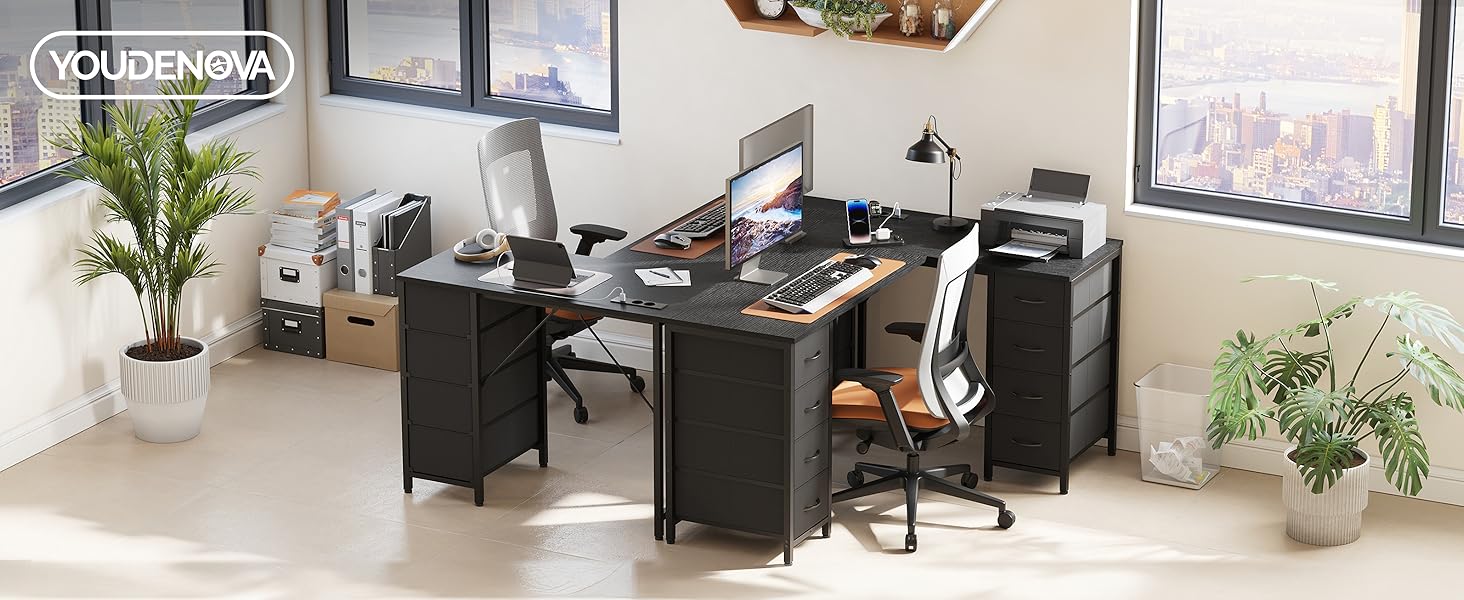 Кутовий письмовий стіл YOUDENOVA 150x100 см з шухлядами, розеткою та USB-зарядом, чорний