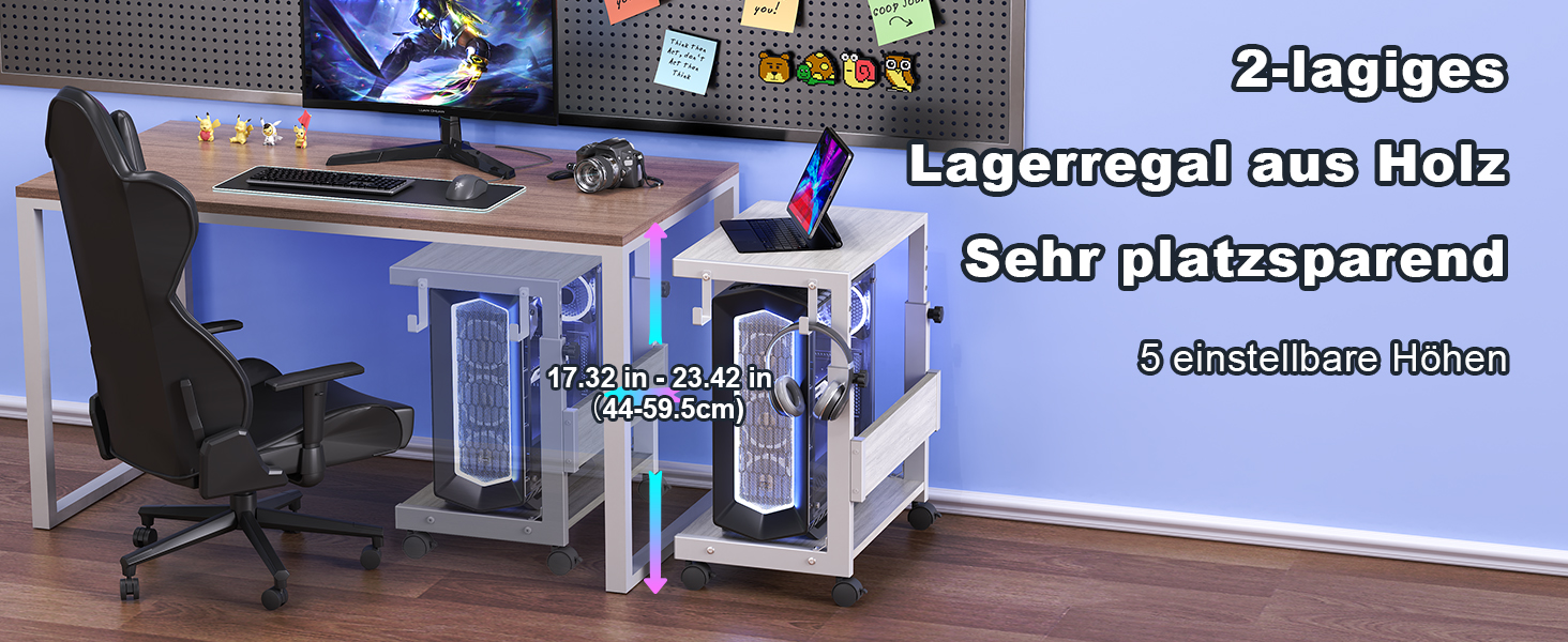 Регульована підставка для комп'ютерного блоку з 2 полицями та місцем для зберігання – для корпусів ATX, принтерів, з фіксуючими колесами (білий, W44 x D30 x H44-59.5см)