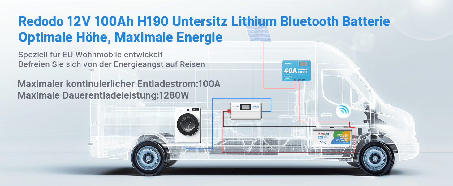 LiFePO4 акумулятор Redodo 12V 100Ah для підсидіння з Bluetooth та Smart BMS 100A, DIN H8/L5 (H190)