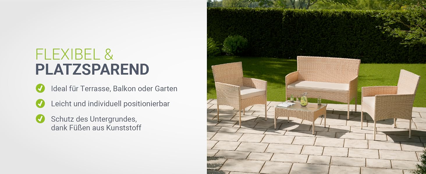 Садовий набір меблів Juskys Fort Myers з ротангу (кремовий) на 4 особи: диван, 2 крісла, стіл, подушки - вуличні меблі для балкона та саду