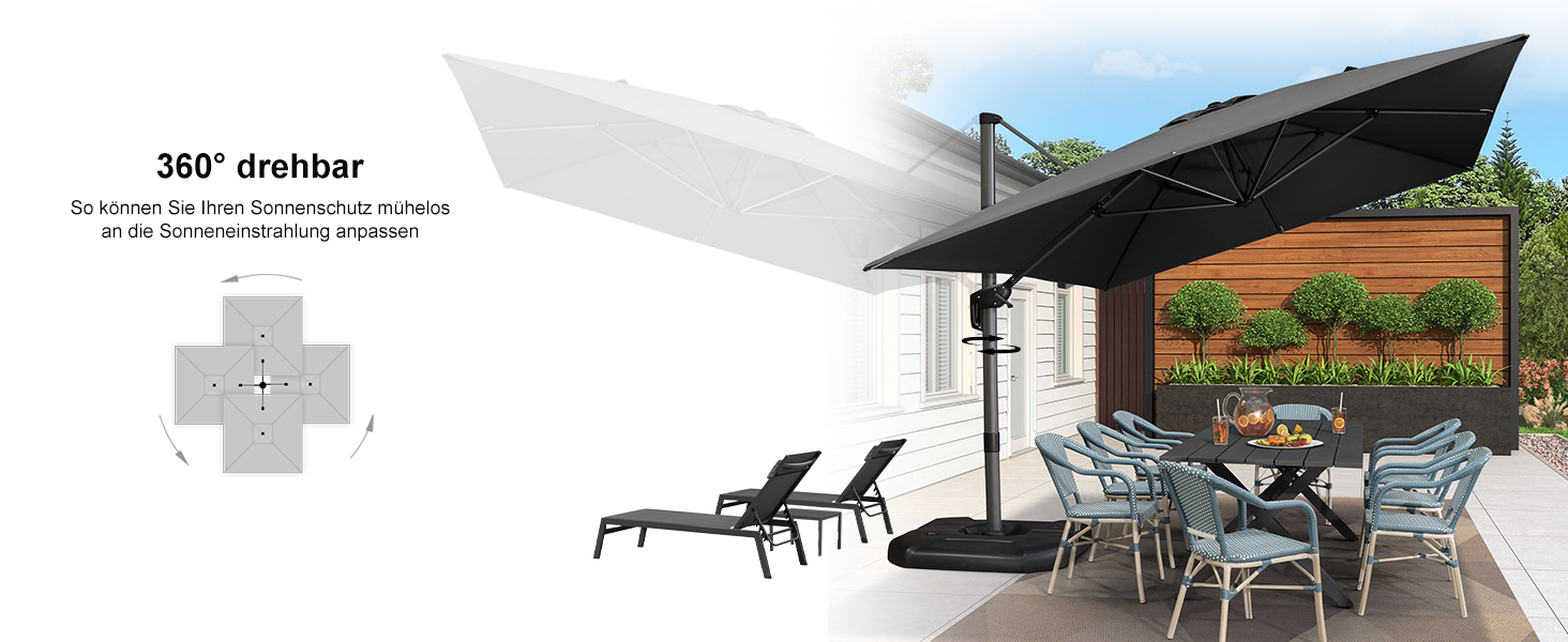 Парасолька від сонця PURPLE LEAF 300x400 см, велика підвісна парасолька-ампел з рукояткою, поворотом на 360° та хрест-підставкою для тераси та балкона, чорна