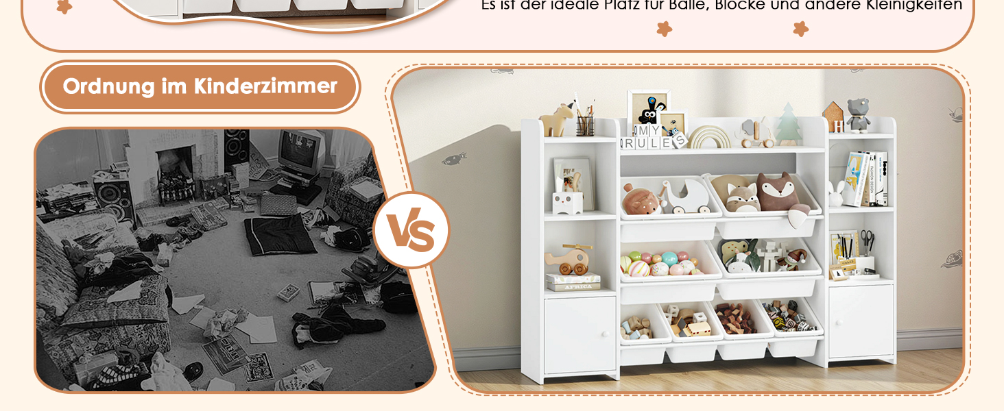 FOREHILL Дитяча полиця з 8 ящиками, дитячий шафчик, полиця для книг для дітей, органайзер для зберігання в дитячій кімнаті, меблі з іграшковою коробкою, 138,8 x 94,3 x 29,6 см, білий