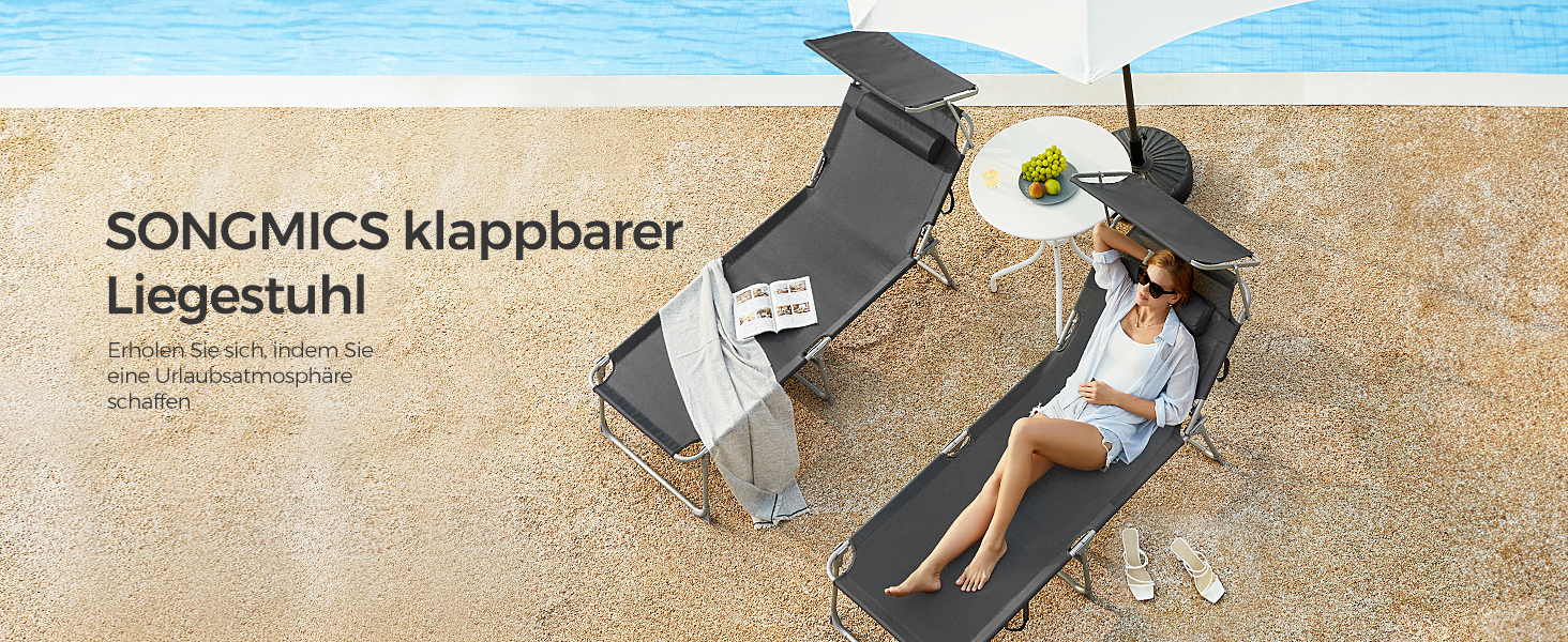 Лежак для відпочинку SONGMICS - великий, складаний, з сонцезахисною козирком та регульованою спинкою, 200 x 71 x 38 см, вантажопідйомність 150 кг, для саду, басейну, тераси, темно-сірий