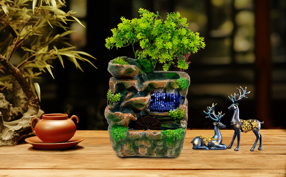 Керамічний фонтанчик для саду з LED підсвічуванням, зелена рослина, фонтан, декор для дому та саду, 18 x 15 x 30 см