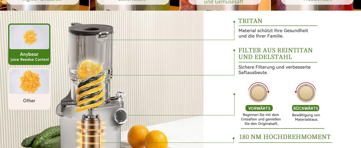 Anybear повільнодійний соковичавник 200W з великим завантажувальним отвором 110 мм | Покращена шнекова система | Tritan, BPA-free | Рецепти соків (срібний)