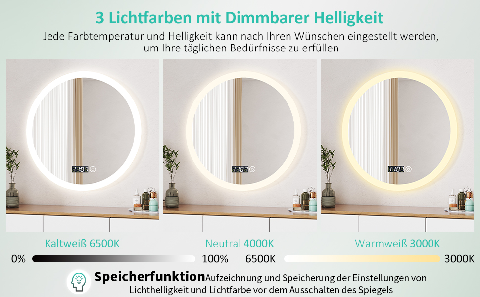 Круглий дзеркало для ванної кімнати Boromal з підсвічуванням, годинником та 3 кольорами світла (60см)