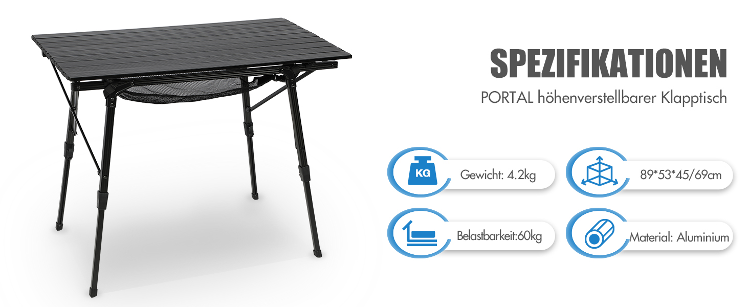 Складаний кемпінговий стіл Portal з регулюванням висоти, алюмінієвий, 90 x 53 см, для 4 осіб, сріблястий