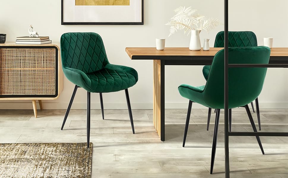 Набір з 4-х обідніх стільців ML-Design, темно-зелений, з м'яким сидінням з велюру, металеві ніжки, для кухні та вітальні
