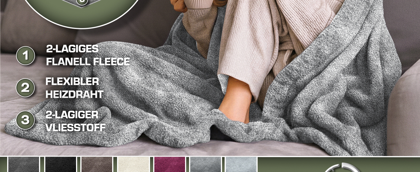Електрична гріюча ковдра 200x180 см сірого кольору | з таймером та 9 рівнями нагріву | Плюшева ковдра, пральна до 40°C, цифровий дисплей