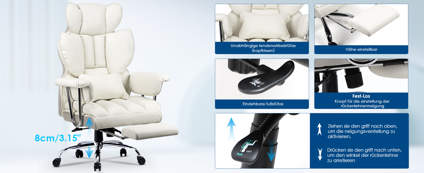 Офісний крісло NaspaLuro з підставкою для ніг, ергономічне, з підтримкою попереку, з високою спинкою, для дому та офісу, сірого кольору (білий 2, 77x66x134 см)