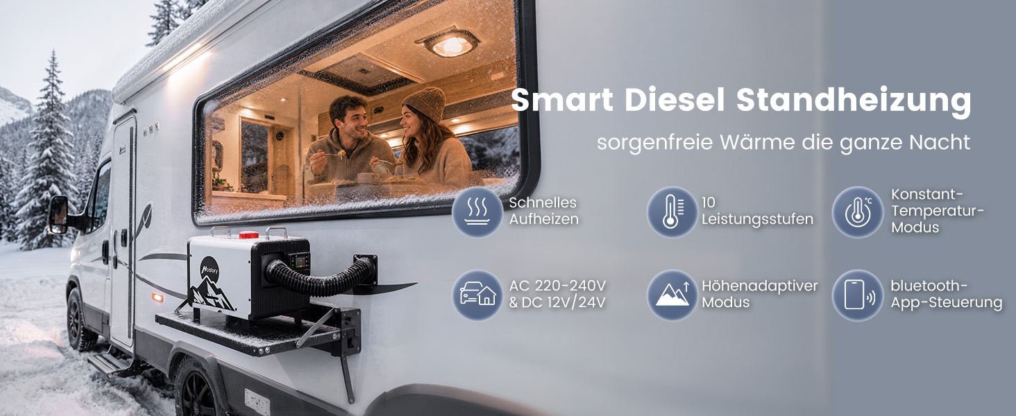 Автономний дизельний обігрівач повітря HCALORY 8кВт, 12V/24V DC та 220-240V AC з керуванням через додаток APP та адаптером, білий
