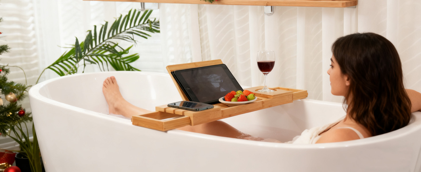 Підставка для ванни Utoplike з бамбука, регульована, органайзер для ванни з тримачем для книги, планшета, келиха, чашки, рушника (натуральний колір, 50.2 x 16 x 4.2 см)