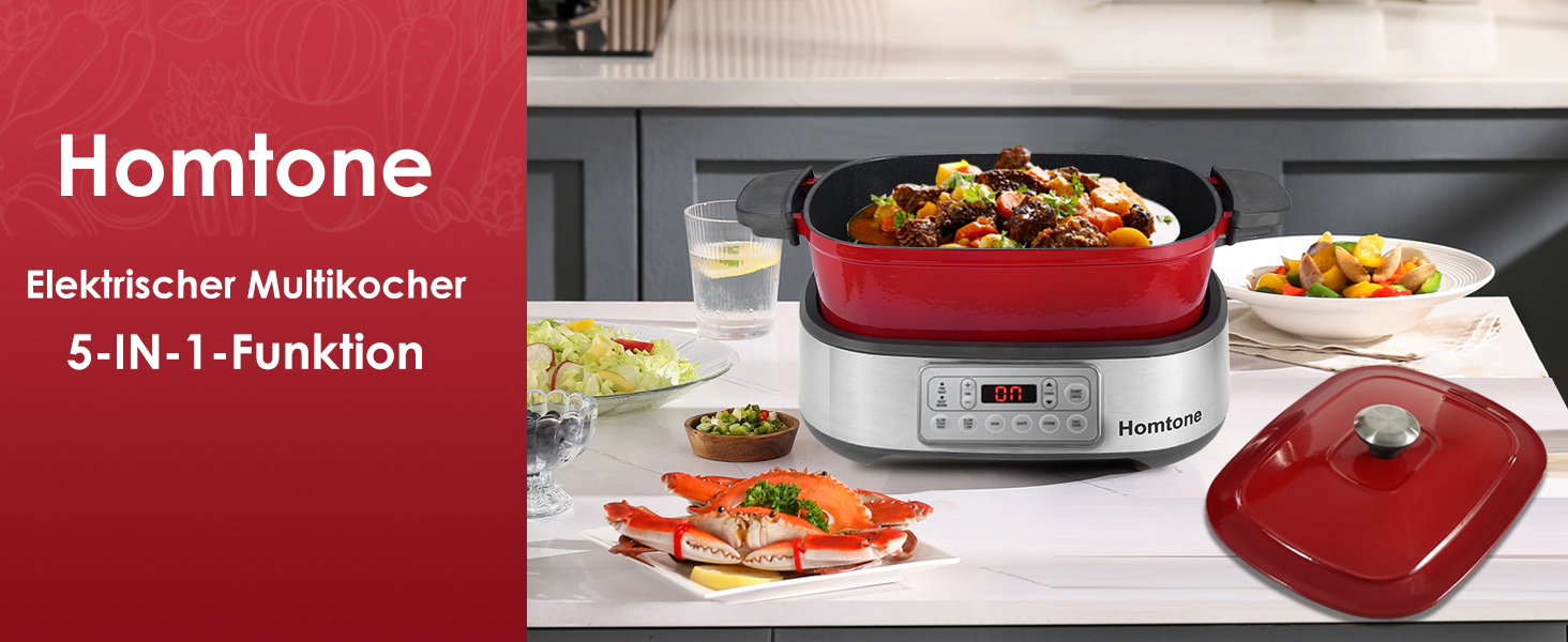 Мультиварка Homtone 6-в-1, 5.5L з керамічним покриттям, червона. Повільне приготування, смаження, варіння на пару