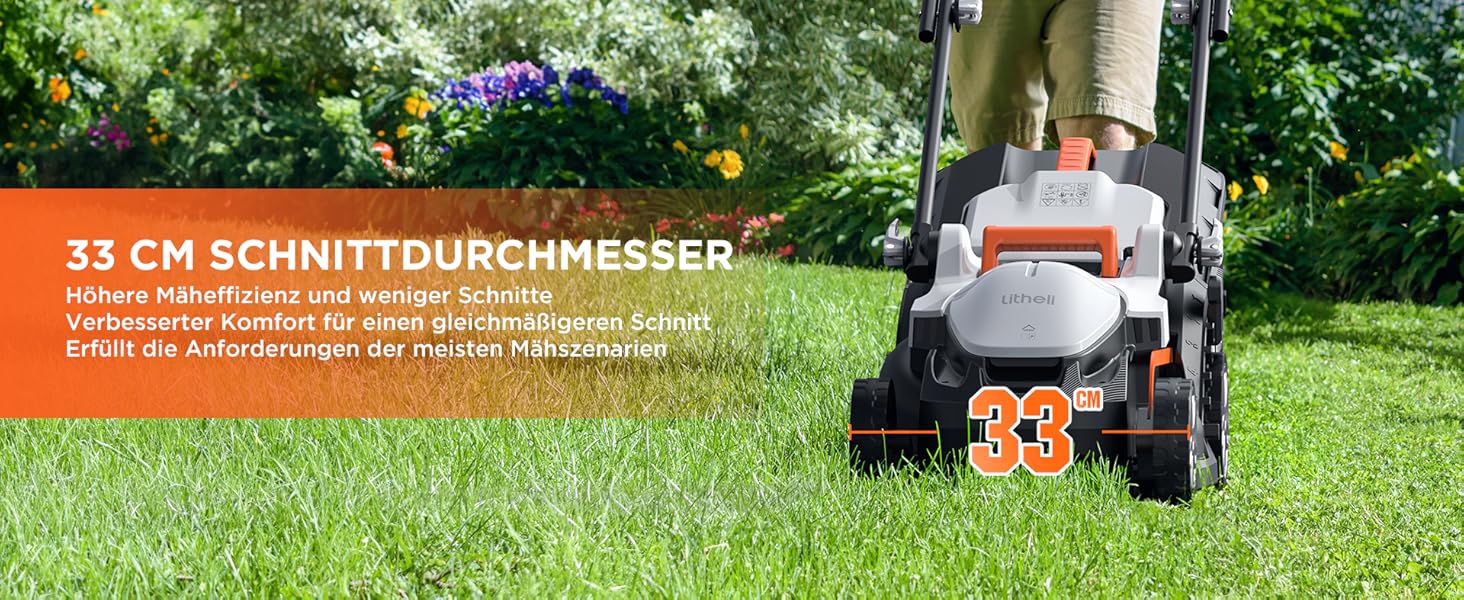Акумуляторний газонокосарка Litheli 20V, ширина косіння 33 см, до 200 м², об'єм кошика 30 л, висота косіння 25-65 мм, з акумулятором 4.0 Ah