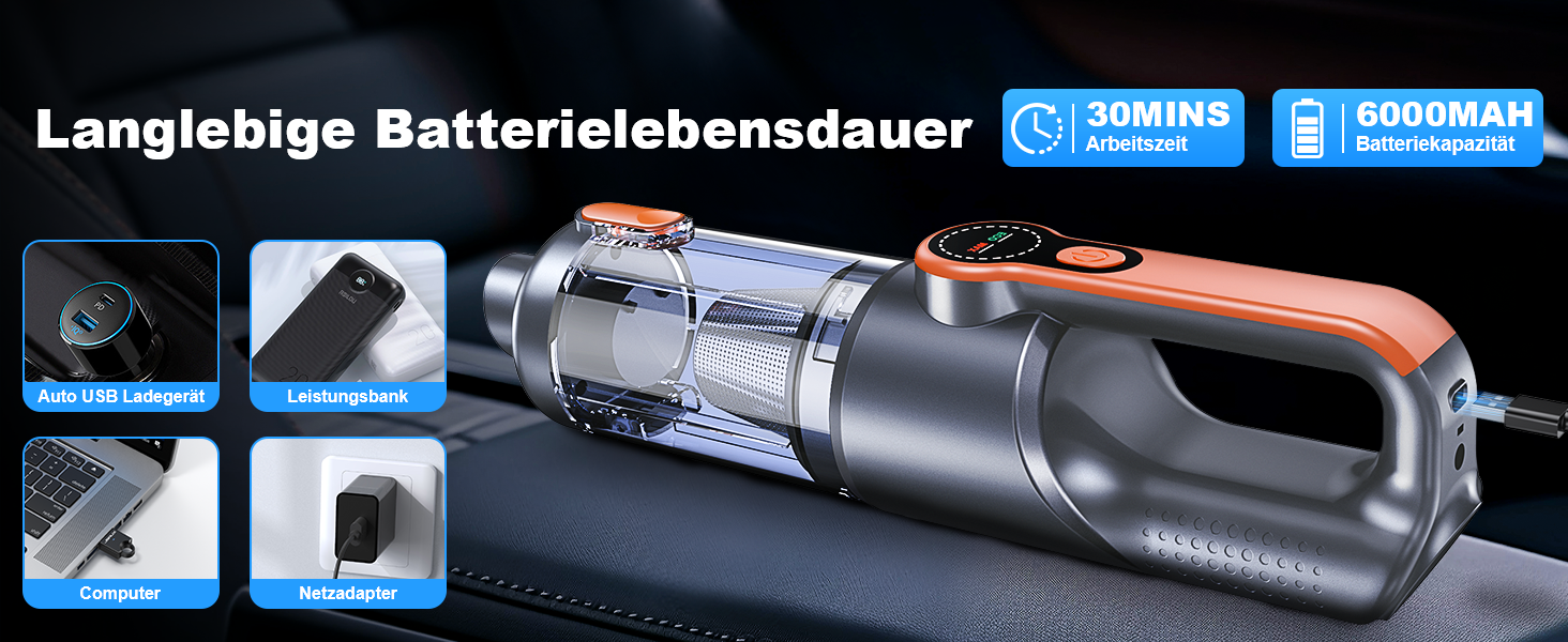 Акумуляторний ручний пилосмок Handstaubsauger 26000 Па, бездротовий автомобільний пилосмок 4-в-1 з безщітковим двигуном, HD-дисплеєм та LED-підсвіткою, помаранчевий