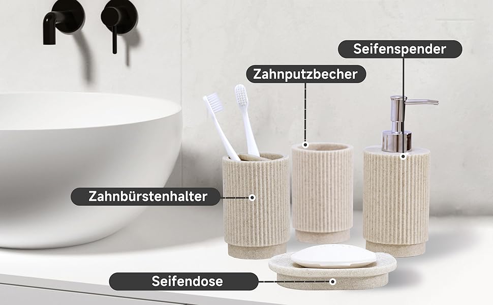 Набір для ванної кімнати 6-частинний: дозатор для мила, стакан для зубної пасти з підносом та коробочка для ватних паличок – смугастий дизайн, високоякісна смола. В комплекті: бежевий 4-частинний набір