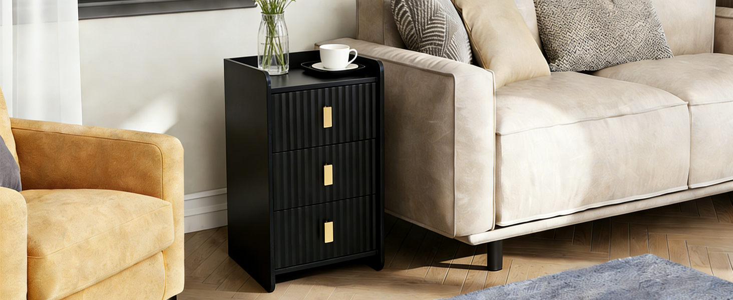 Нічний столик з 3 шухлядами, дерев'яний, з різьбленою передньою частиною, чорний. Нічний столик для спальні, вітальні, легко збирається.