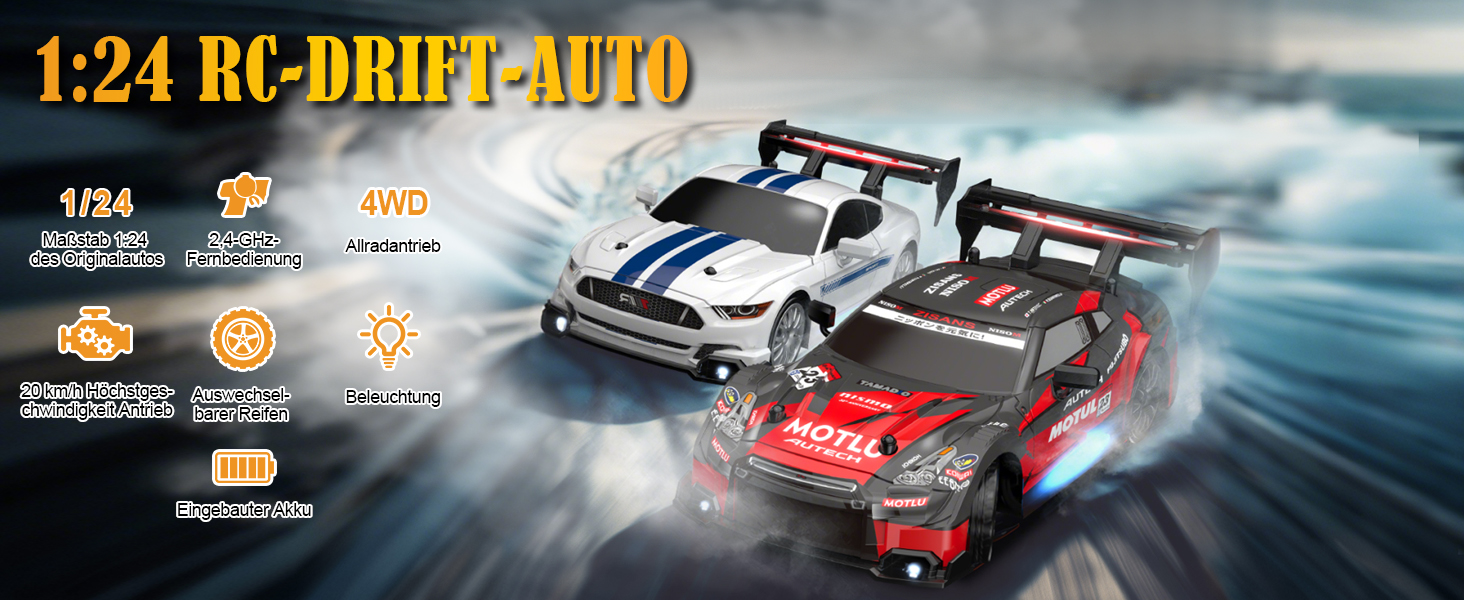 RC Машинка на радіокеруванні Drift Car 1:24, 4WD, 20 км/год, 2.4 GHz, LED, 2 акумулятори, чорна - для дітей