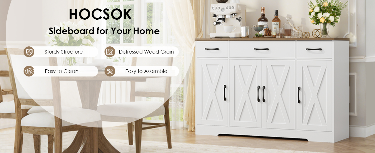 Сервант HOCSOK 140 см: кухонна шафа з 2 регульованими полицями, буфет з 3 висувними ящиками та 4 дверцятами, для вітальні, кухні, передпокою, білий & коричневий