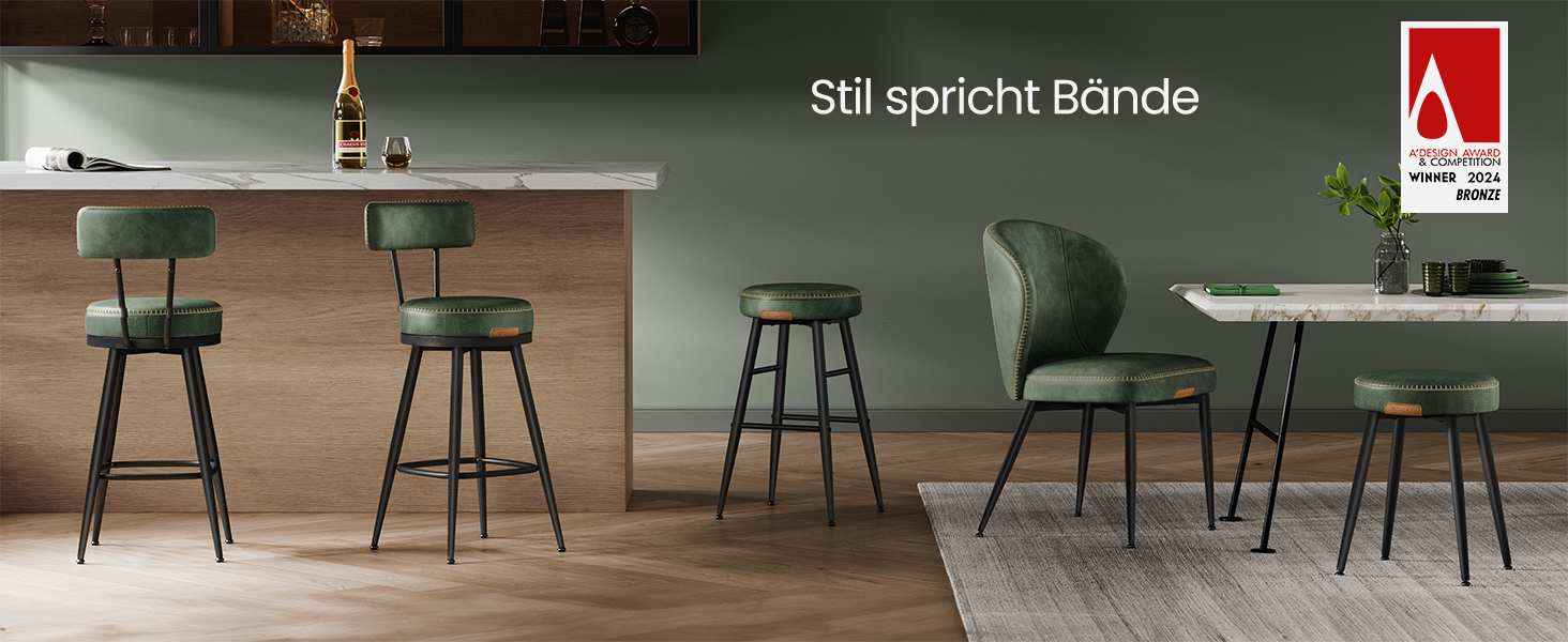 Барні стільці VASAGLE EKHO - набір 2 шт, 360° обертання, з підлокітником, для кухонного острова, стиль Mid-Century Modern, 65 см, зелений