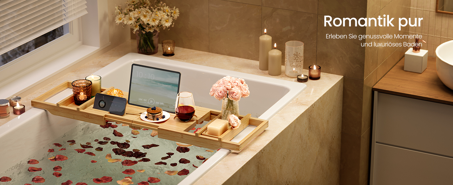 Полиця для ванни розкладна SONGMICS з бамбука 70-95.6 см, бежева - для книг, планшета, келиха, рушників