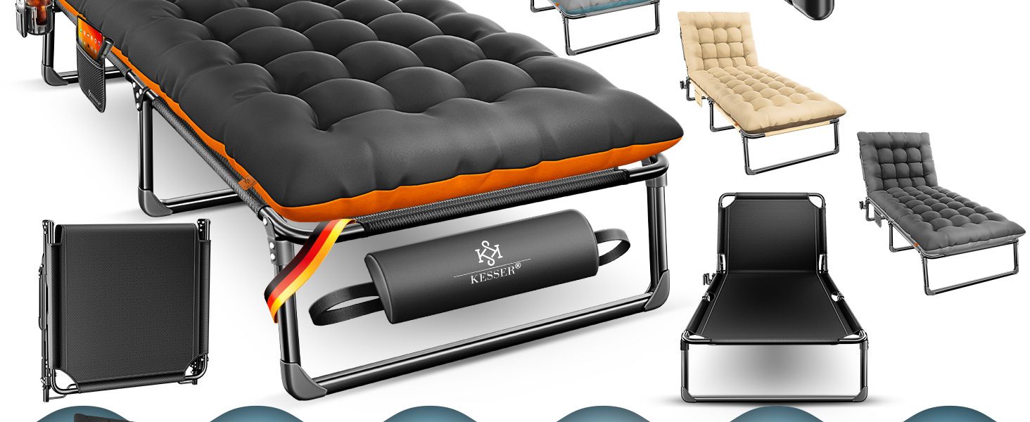 Розкладне кемпінгове ліжко KESSER з преміум-матрацом 190x68x30 см, польове ліжко до 250 кг з подушкою, кишенею та підстаканником, для відпочинку на природі та дому, колір Зелений/Тауп