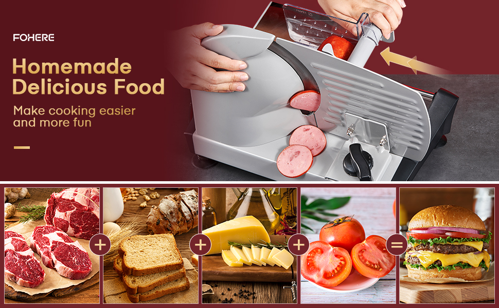 Електричний слайсер FOHERE: Brotschneidemaschine з регулюванням товщини нарізки (0-15 мм), 200W, для м'яса, ковбас, шинки, з нержавіючої сталі, з захистом