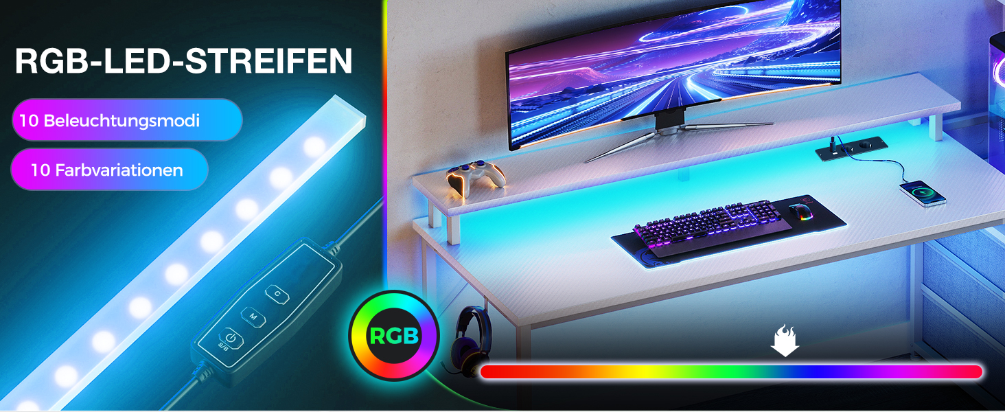 Ігровий стіл Coleshome з шухлядами, 151x50 см, з LED-підсвічуванням та розеткою, з полицями та підставкою для монітора (карбонове волокно)