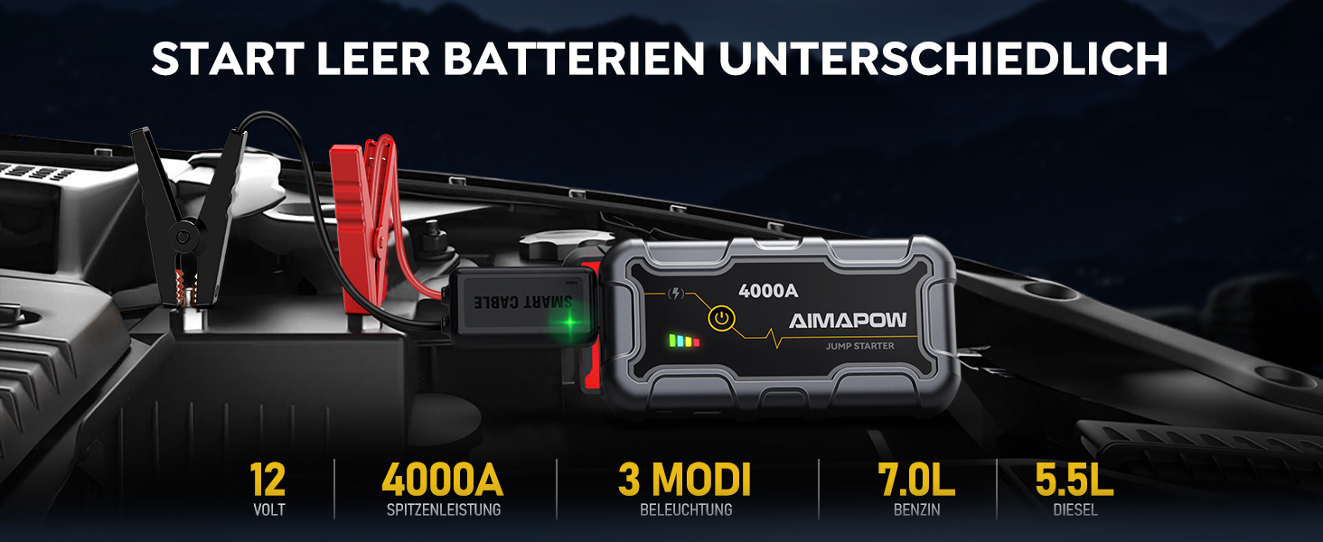 Powerbank Starthilfe AIMAPOW для автомобіля з компресором 160PSI, 27000mAh, 4000A, для бензинових та дизельних двигунів (до 12.0L), LED-ліхтар 600 LUM