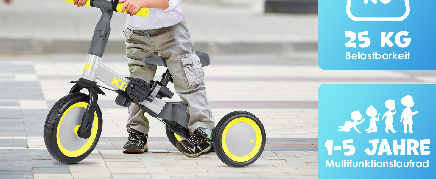 Біговел-триколіс KIDIZ 6-в-1 для дітей від 1 до 5 років (до 25 кг), сірий: з ручкою, захисним бампером, ременем безпеки, дзвінком та дзеркалом