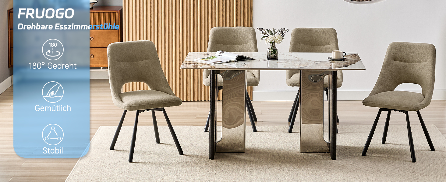 Набір з 4-х обідніх стільців, 180° поворотні, з м'яким сидінням, матеріал: бавовна-кашемір, сучасний дизайн, металеві ніжки, колір: хакі