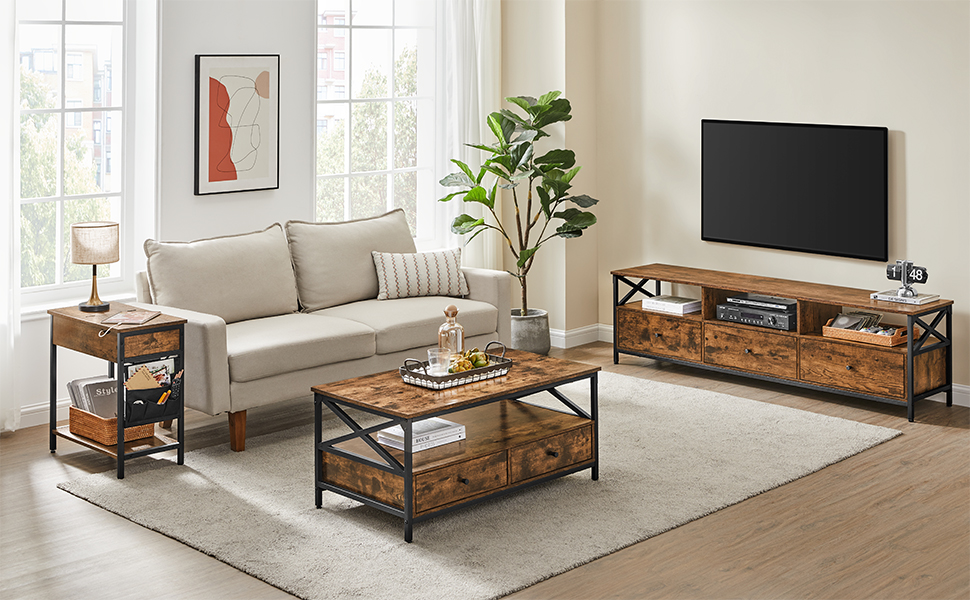 Тумба під телевізор VASAGLE до 80 дюймів, з 3 шухлядами та 3 полицями, 178x40x50 см, вінтажний коричнево-чорний, сталевий каркас