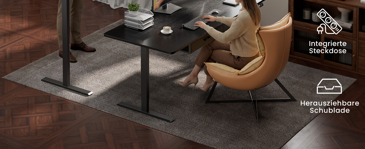 Електричний регульований стіл з шухлядами HLONONE 160x80 см, з розетками та USB, функція пам'яті, чорний