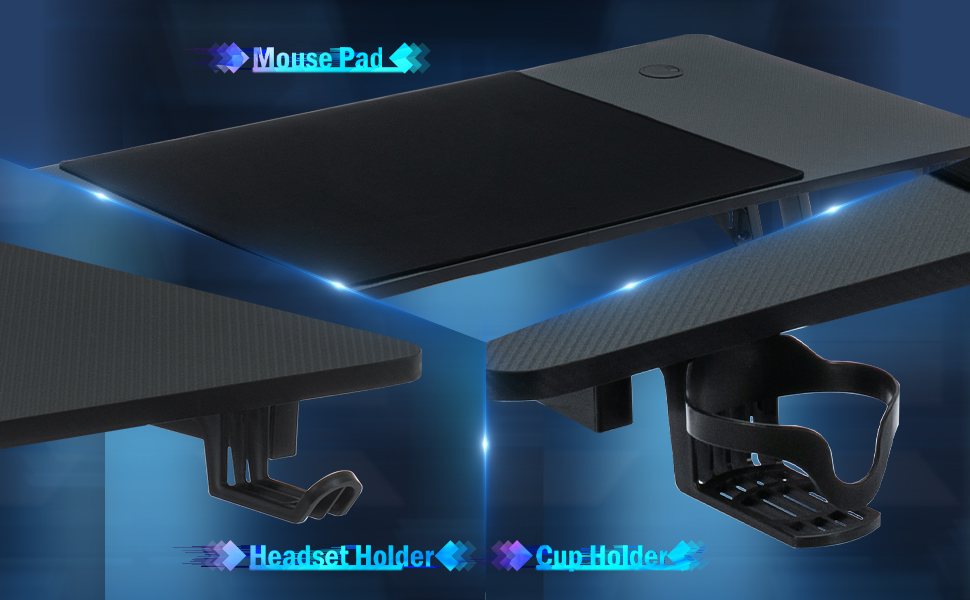 Ігровий стіл 120x60 см з А-подносінням, стіл для комп'ютера з тримачем для напоїв та гачком для навушників, карбонове покриття, стійкий, ергономічний для дому та офісу