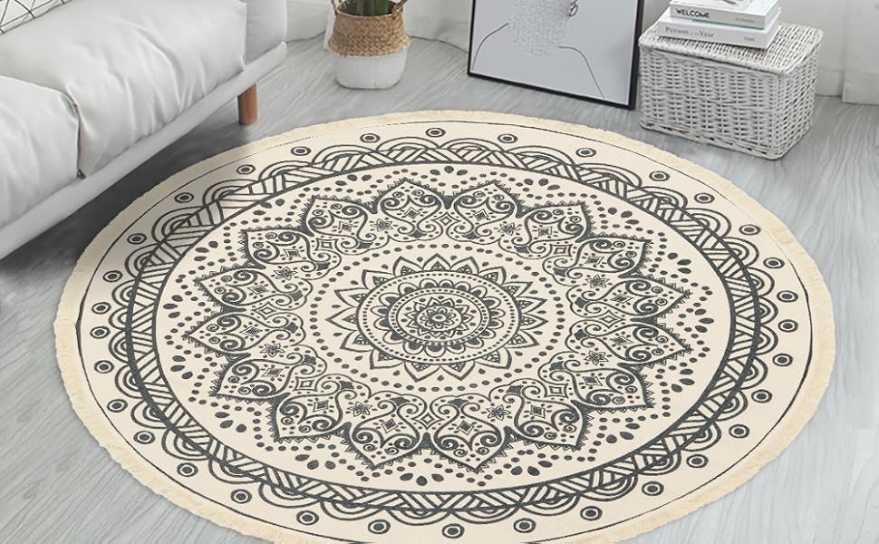 Круглий килим Yomshi Mandala 120 см кремовий бавовняний пензлик бохо миється вінтаж для спальні вітальні