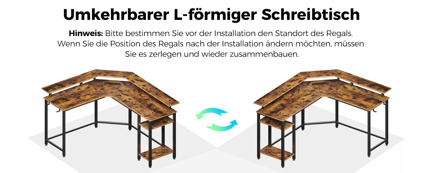 Кутовий стіл Rolanstar з RGB-підсвіткою та розетками, 135 см, для комп'ютера з підставкою для монітора та полицею, реверсивний, з 2 гачками, для спальні/офісу, вінтажний коричневий, 134,5 x 134,5 x 86,2 см