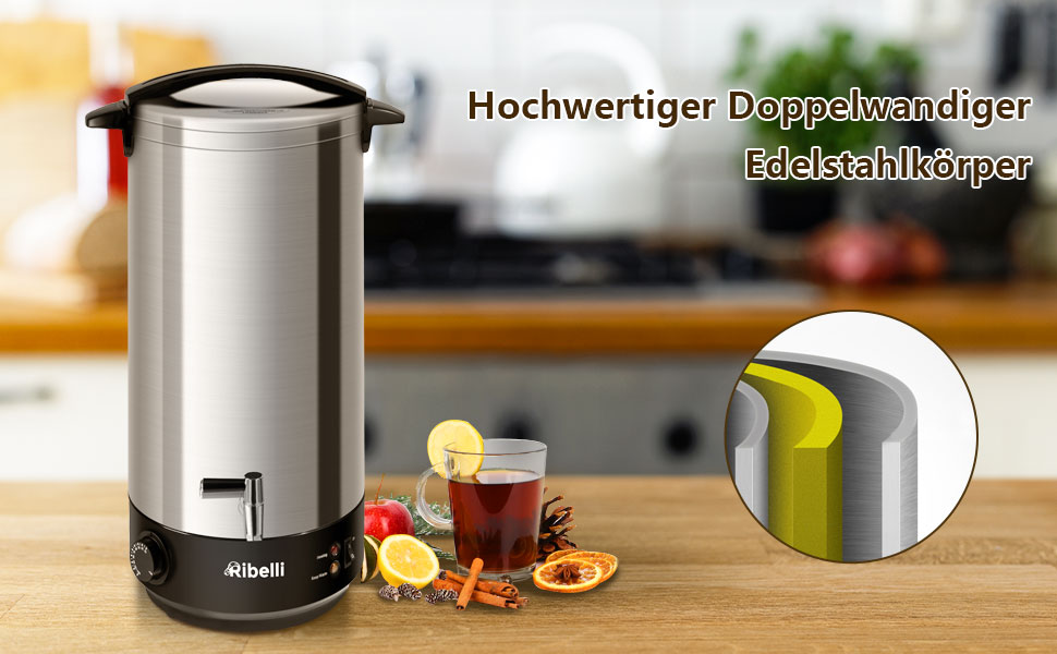 Глювайнер Ribelli 22L з нержавіючої сталі: дозатор гарячих напоїв, регулювання температури 30-100°C, також як пароварка